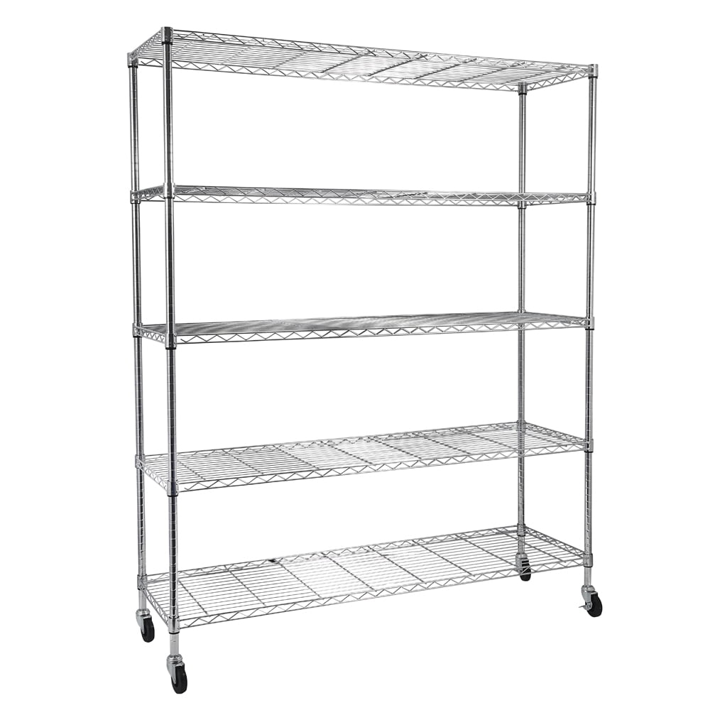 5-Tier Adjustable Storage Metal Rack with Wheels & Shelf Liners Ideal for Garage, Kitchen, and More