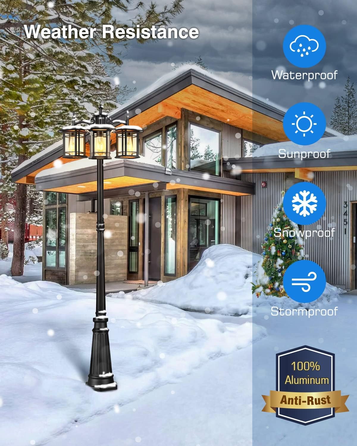 VIANIS Outdoor Lamp Post Light with Outlet 3-Head, Waterproof Outdoor Lamp Post Sconce, Anti-Rust Black Dusk to Dawn Street Light Pole for Garden, House, Doorway, Weather Resistant