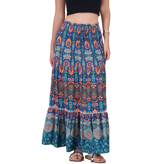 Faldas largas de línea A con cintura alta de flores bohemias para mujeres INSPIRE CHIC XS Azul