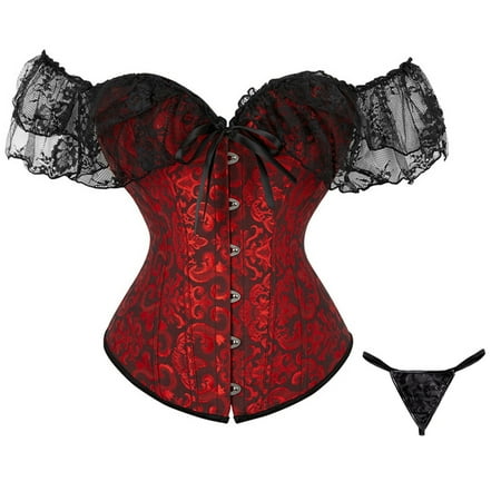 CHCNHAC Corset Lingerie for Women Vintage Satin Lace Bustier Tops Floral Trim Shapewear Bodysuit Plus Size Boned Exotic Apparel Wine S