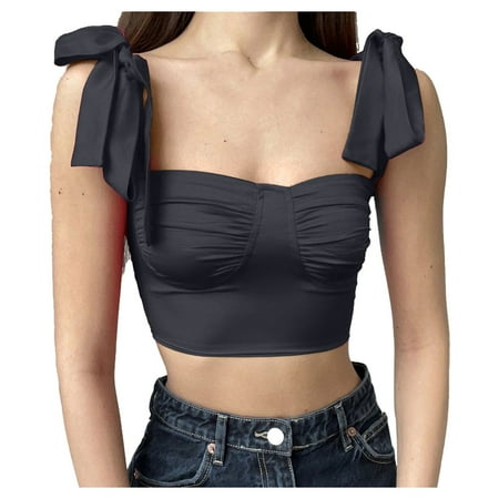 

HIMIWAY Women s sexy one-line neck pleated low cut corset drawstring slim small vest suspender Black L