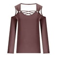 thumbnail image 5 of Scyoekwg Womens Tops Fall Loose Trendy Dressy Casual Comfy Clothes for Women Solid Color V-Neck Cold Shoulder Tops Long Sleeve Pullover Tops Blouses(Brown,XL), 5 of 5