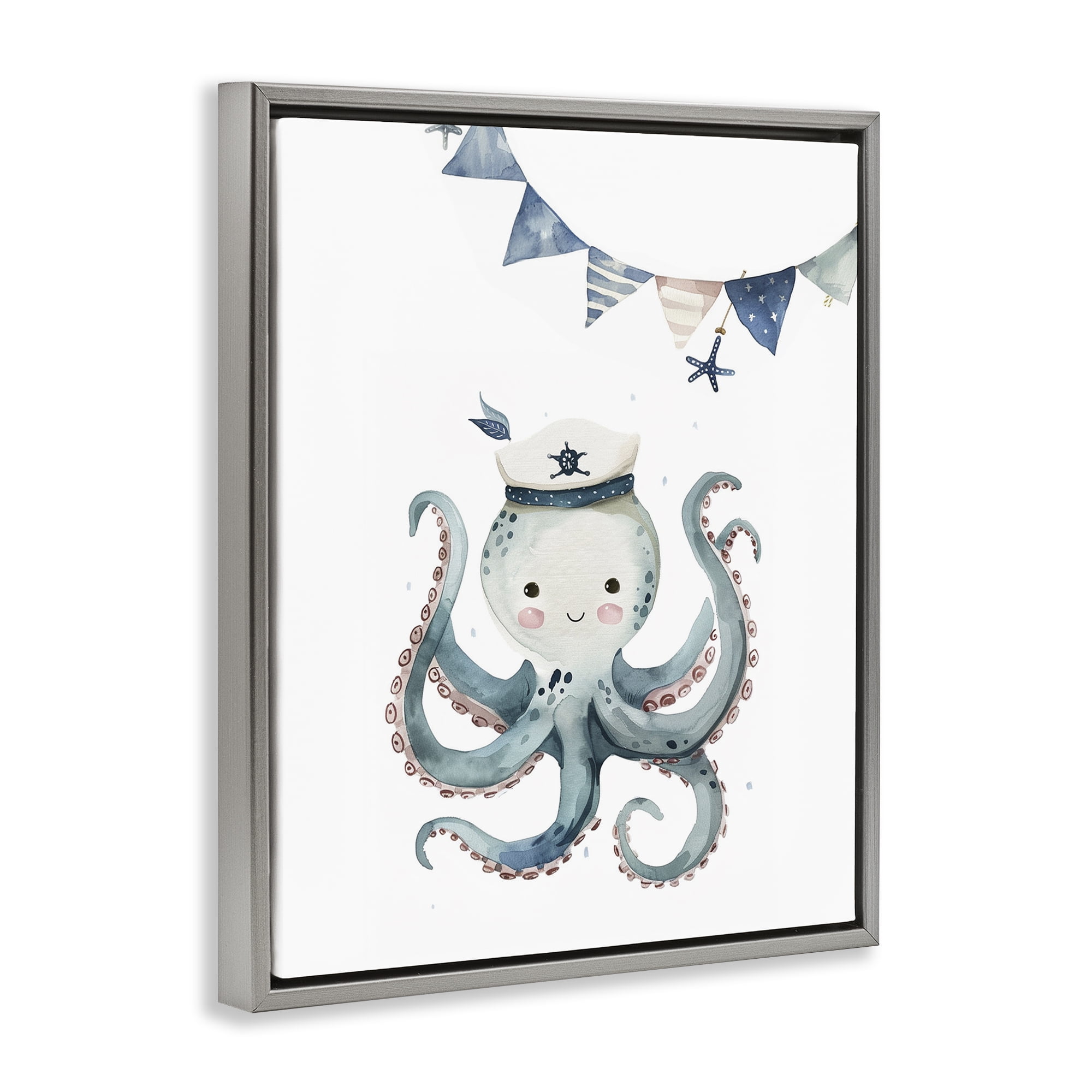 Stupell Industries Cute Octopus Sailor Animals Painting Gray Floater Framed Canvas Art Print Wall Art, 17 x 21