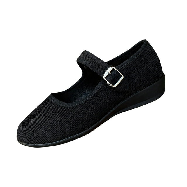 Black Womens Hollow Buckle Flats With Cloth Material And Wedge Heel Comfortable And Stylish For Everyday Use