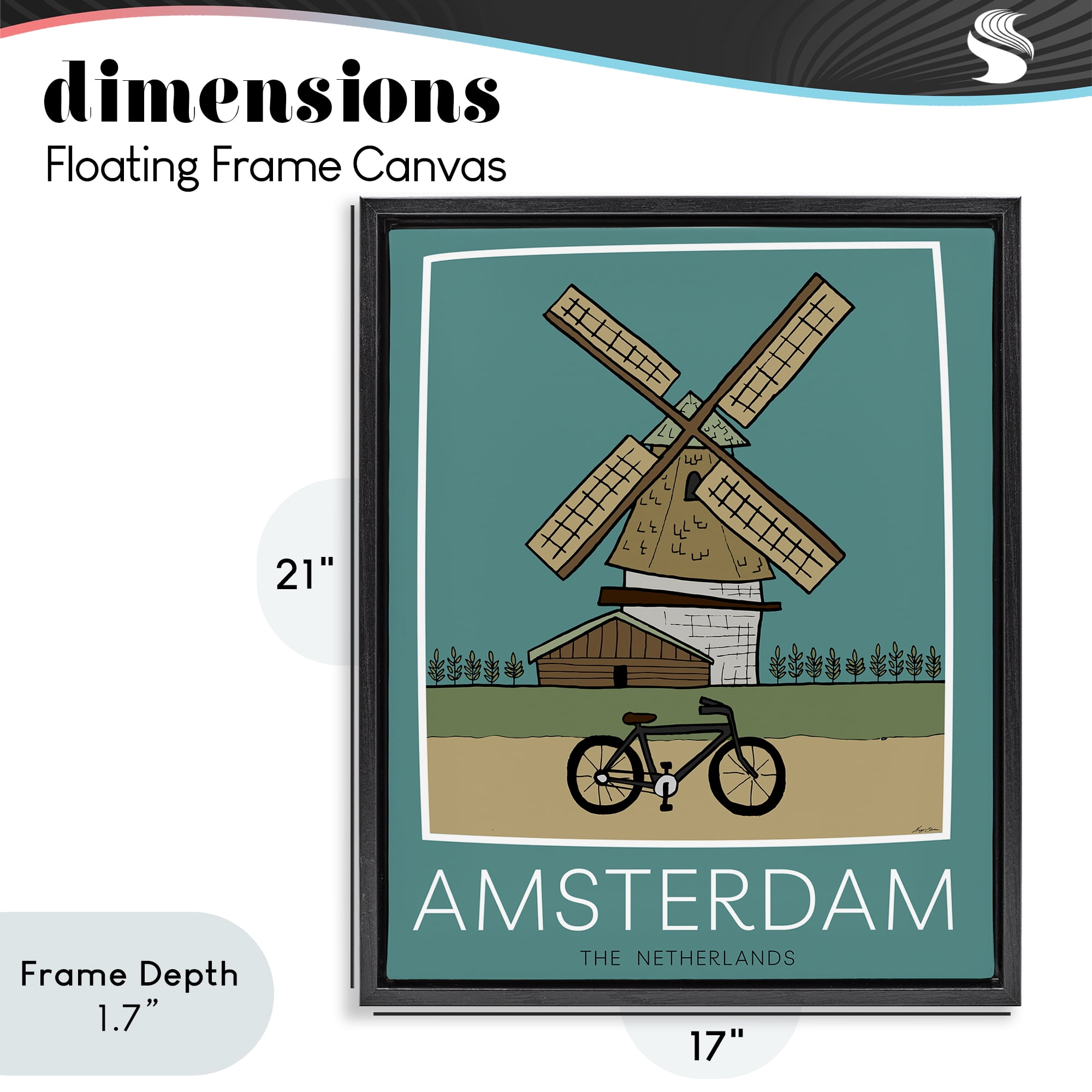 Stupell Industries Amsterdam Windmill Poster Black Framed Floater Canvas Wall Art, design by Hugo Edwins