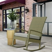 Wicker Rocking Chair, Patio Rattan Woven Rocker Chairs with Aluminum Frame and Waterproof Cushion for Garden Porch Backyard Poolside Indoor Outdoor Use (Latte)
