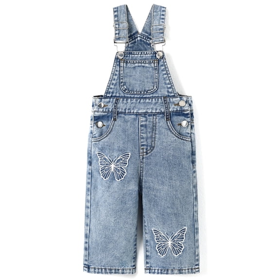 KIDSCOOL Girls Butterfly Embroidered Denim Overalls Wide Leg Jean Jumpsuit, Light Blue,6-7 Years