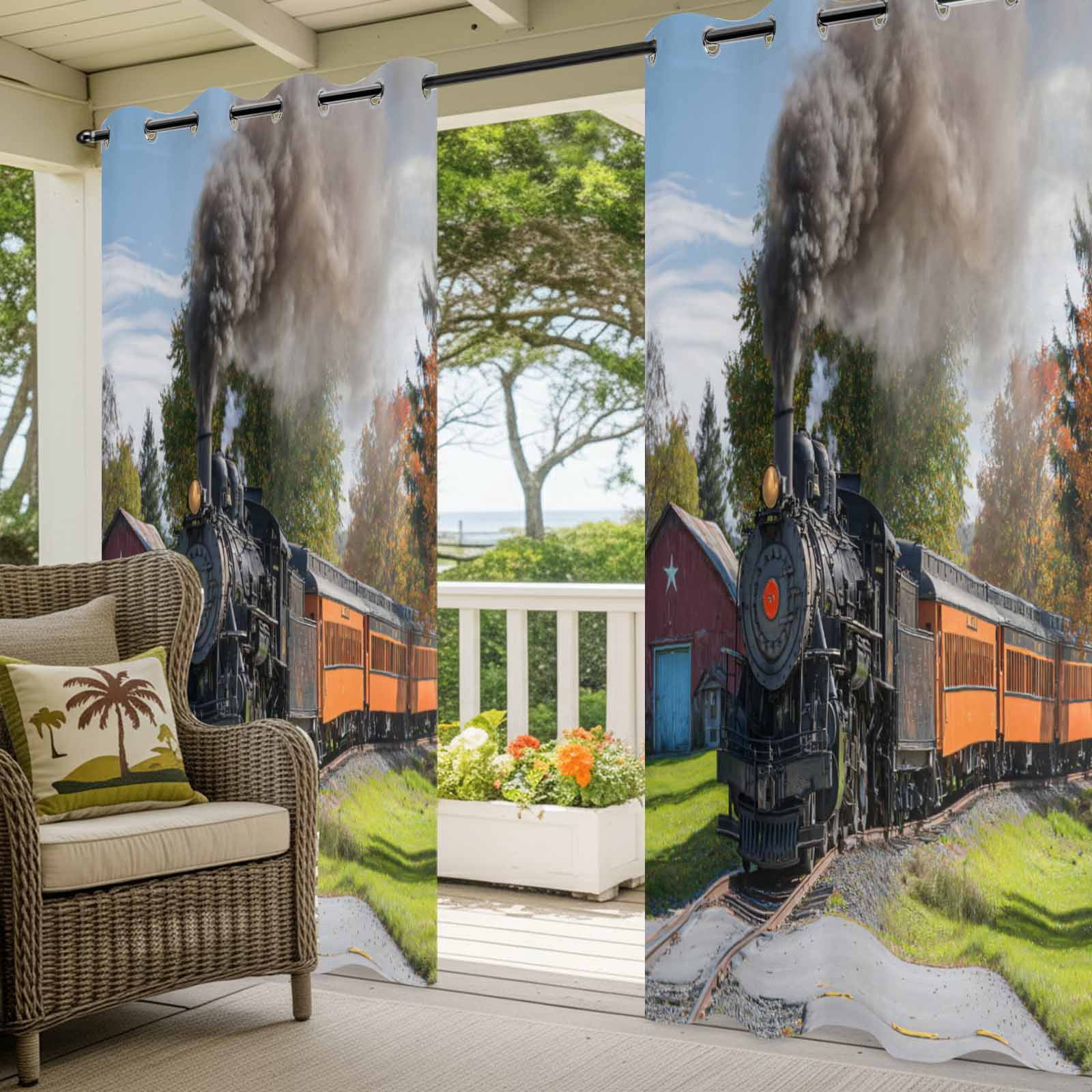 Outdoor Curtains for Patio Waterproof, Steam Train Windproof Pravicy Outside Porch Blackout Curtain, Railroad Country Barn Rustic Trees Farmhouse Sun Blocking Grommets Curtains for Cabana 54"x108"