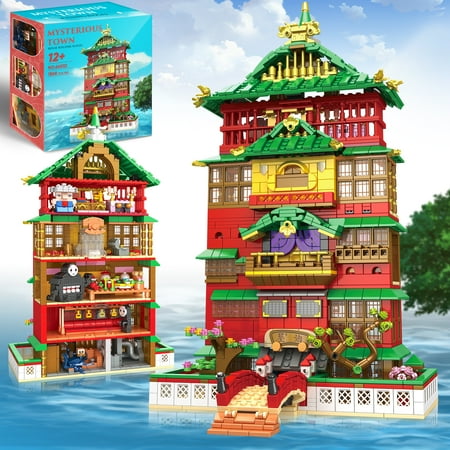 Architecture Sets Compatible with Lego, 1868PCS Janpanese Street View Hot Spring Store Model, House Building Blocks Set with Minifigures for Adult or Kids Anime Gifts