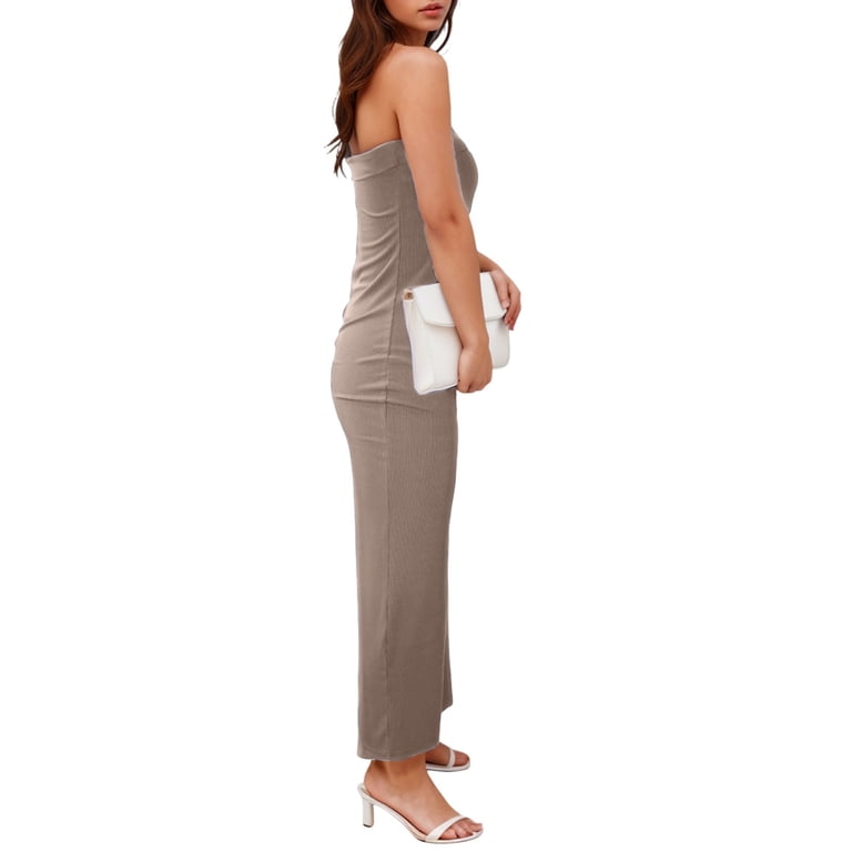 Womens Fold Over Strapless Ribbed Knit Midi Dress Solid Bodycon Tube Stretch Form Fitting Evening Party