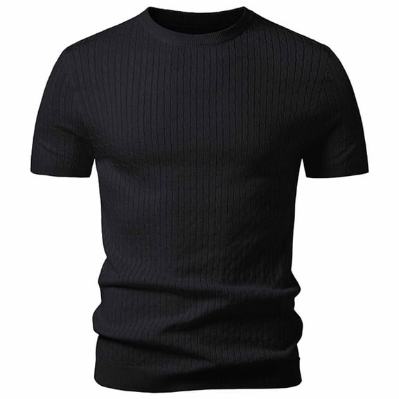 WIZUTIZ Men's Knitted Shirt Solid Cable Knit Vintage Short Sleeve Pullover Round Neck Lightweight Breathable Retro Summer Top Casual Everyday Shirt