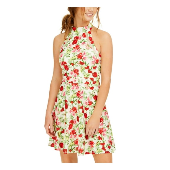 TEEZE ME Womens Ivory Floral Sleeveless Halter Short Fit   Flare Dress 56