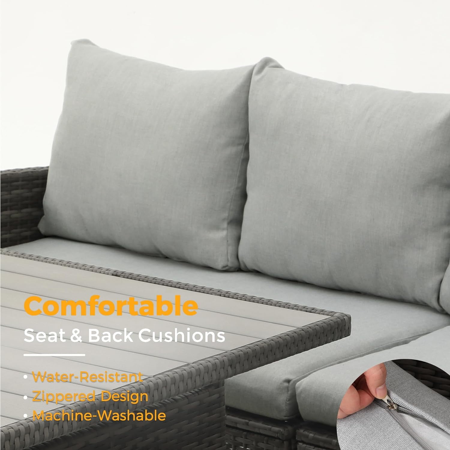 Superjoe 7 Piece High Curved Wicker Outdoor Sectional Sofa with Dining Table, Gray