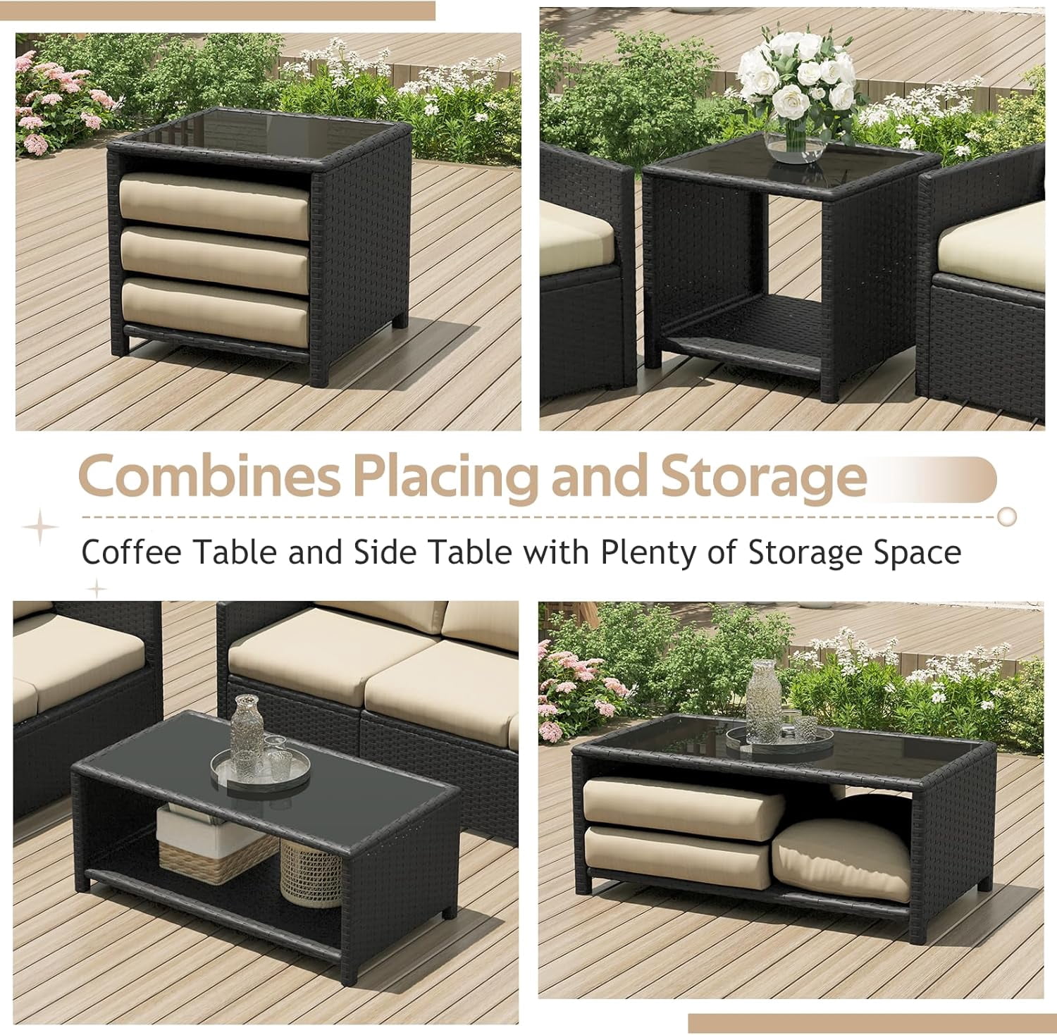 AECOJOY 7 Pieces Outdoor Furniture Set with Two Storage Boxes, Rattan Wicker Sectional Sofa Couch Patio Conversation Set, Black & Biege