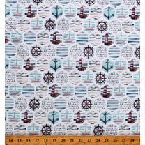 Cotton Maritime Nautical Patchwork Aqua Beach Ocean Anchor Water Boats Sea Waves Lighthouses White Cotton Fabric Print by the Yard (131428)
