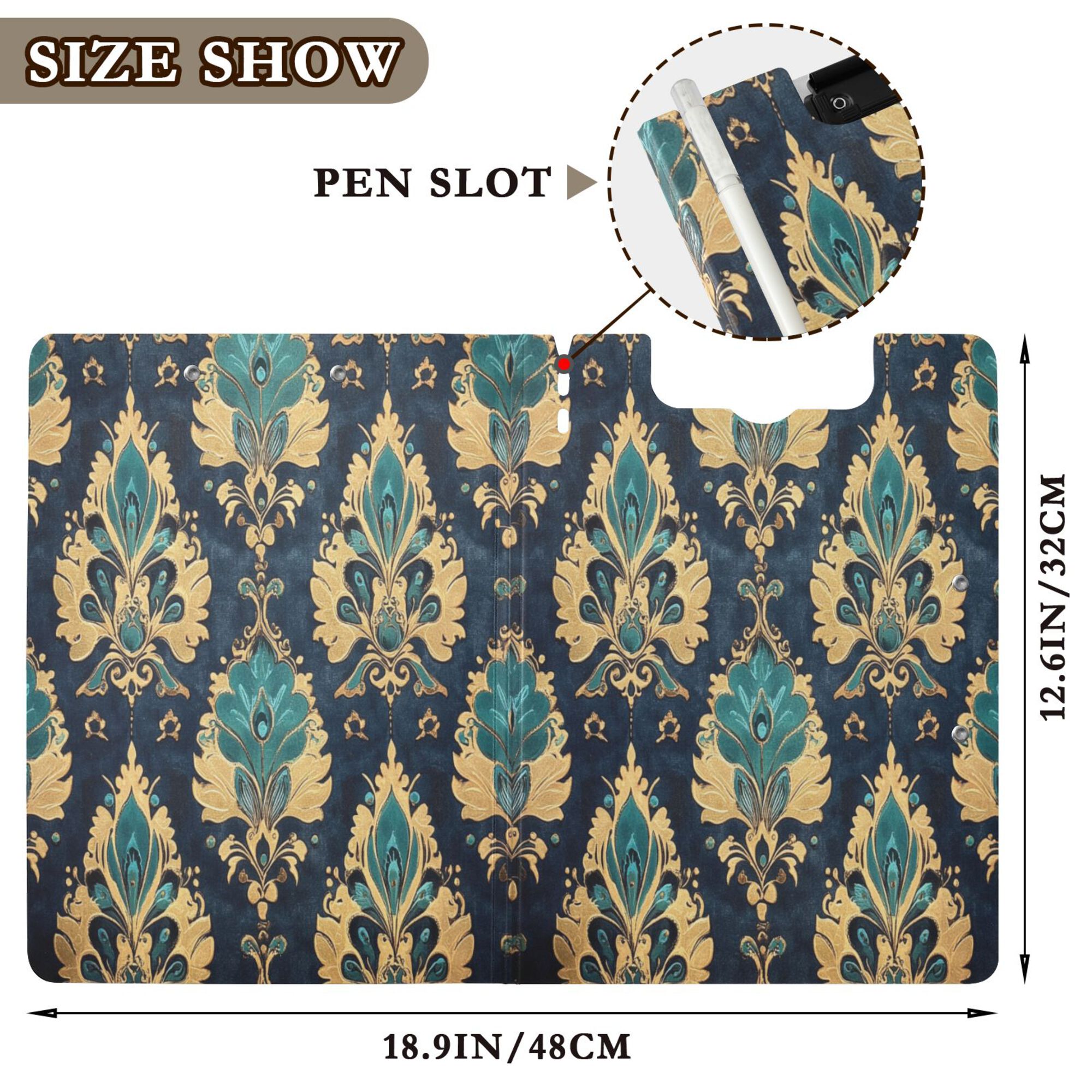 FORMRS A4 Clipboard Folder with Pen Holder Horizontal Foldable School Office Binder, Green Peacock Pattern