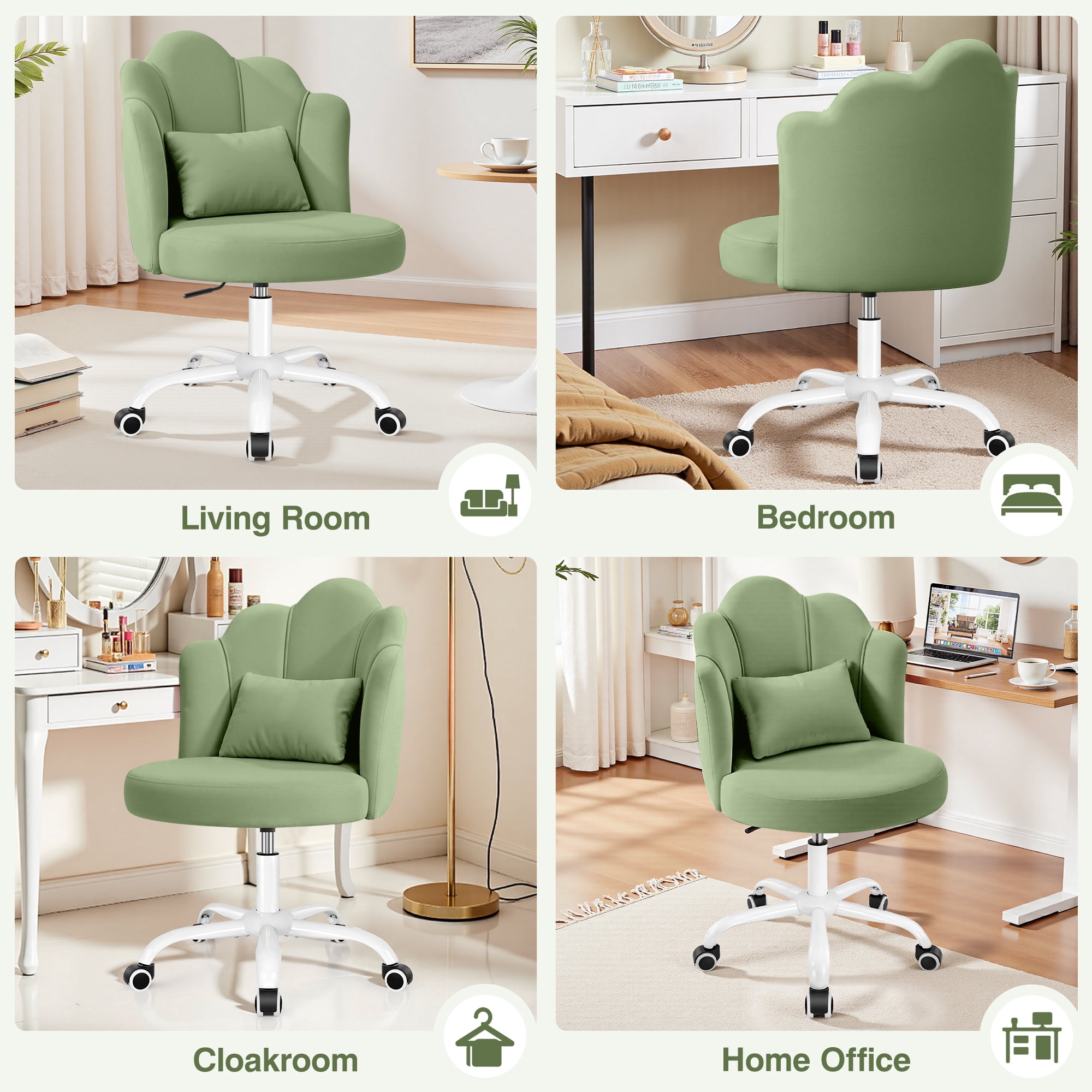 COOLHUT Vanity Chair, Velvet Petal Vanity Makeup Chair with Lumber Support, Home Office Desk Chair with Wheels, Height Adjustable Computer Work Chair for Bedroom, Living Room, Green