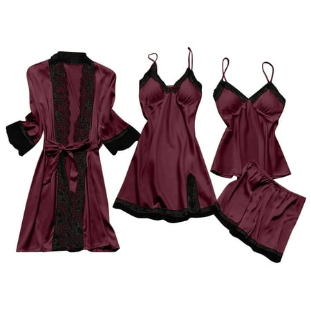 gakvbuo Plus Size Lingerie For Women S Silk Satin Pajamas Nightdress 4 Pieces Floral Lace Cami Top Babydoll Sleepwear Set Lingerie Pajama Set With Kimono Cardigan Robe
