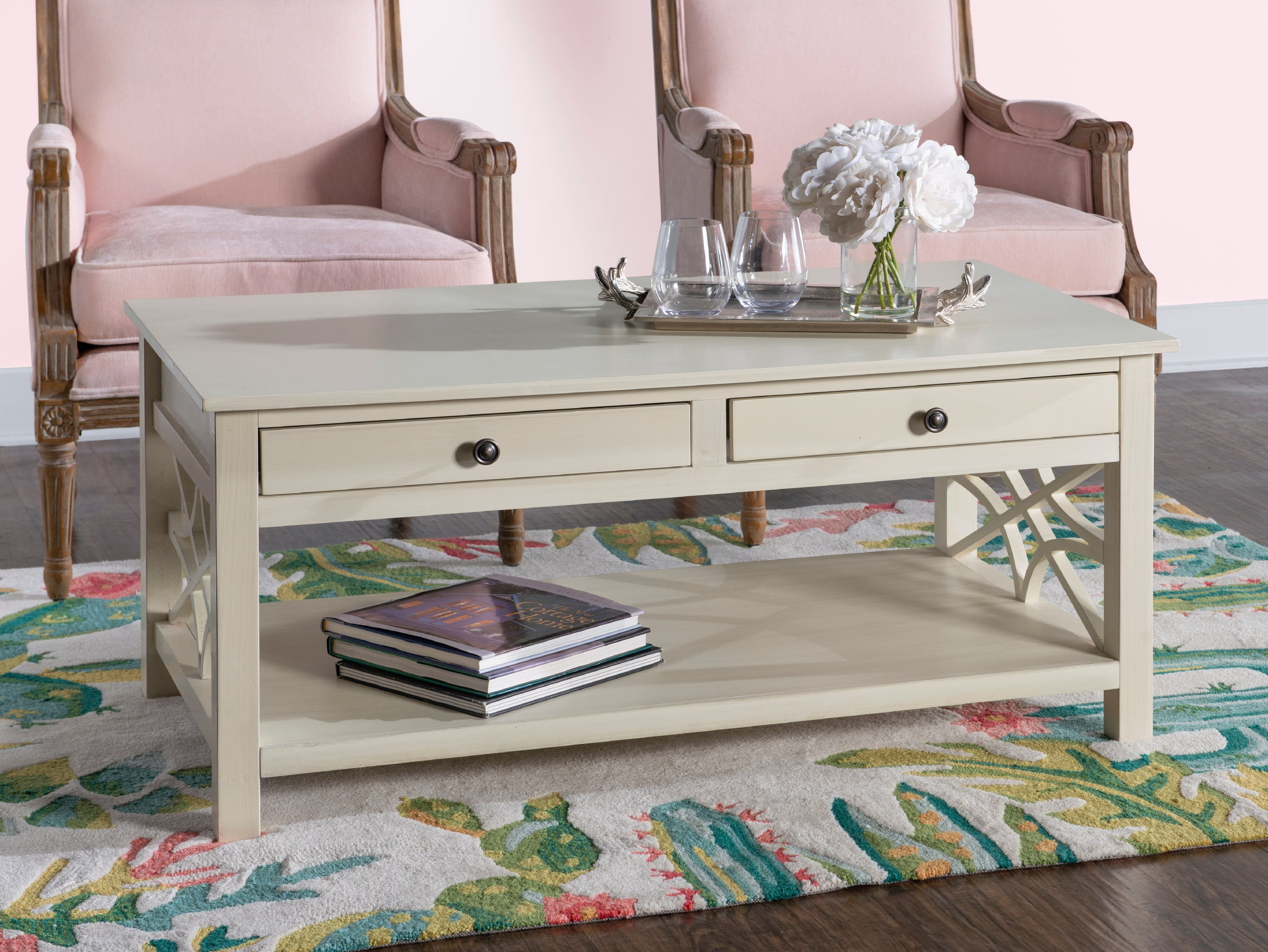Linon Walton 2Drawer Coffee Table with Shelf, 20" Tall, Antique White