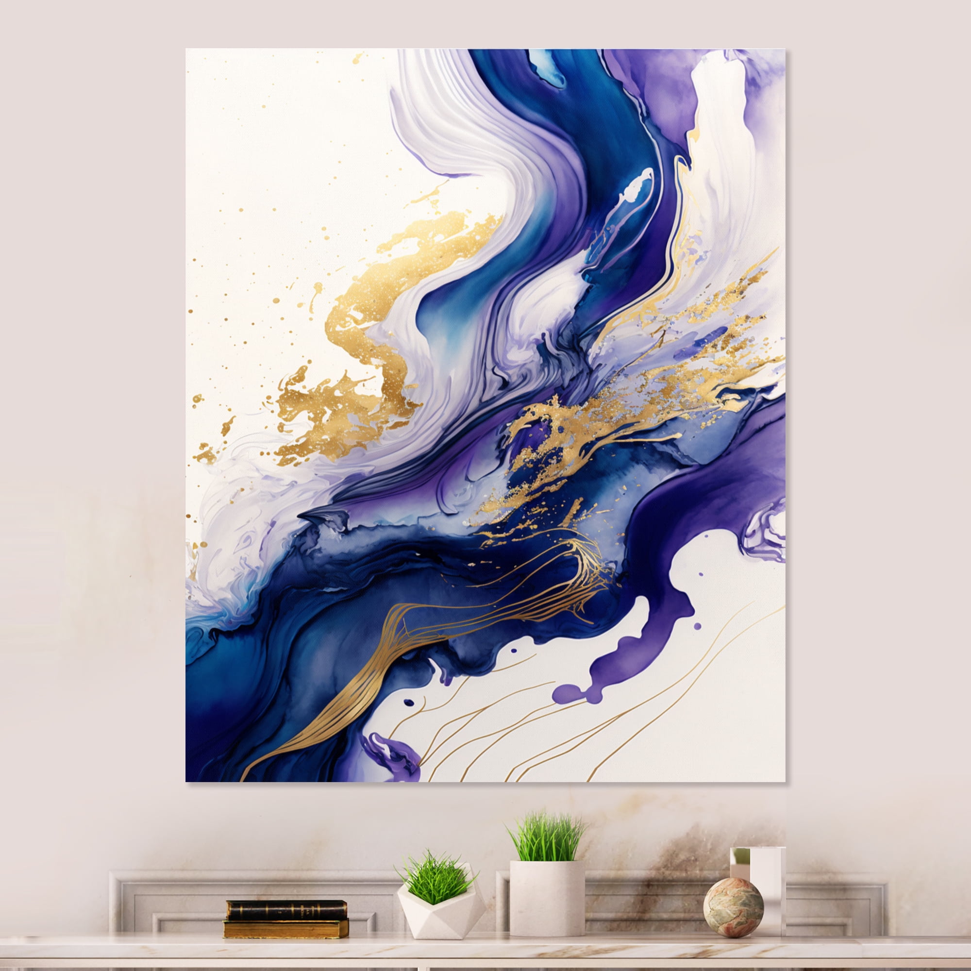 Designart Blue And Gold Splash Paint IV Canvas Wall Art