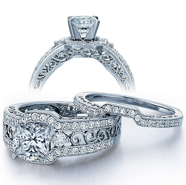 Anniversary Ring 2.15 CT Round Moissanite Diamond Bridal Sets Art Deco Bridal Set Vintage Wedding Ring Set Round Moissanite Ring Set