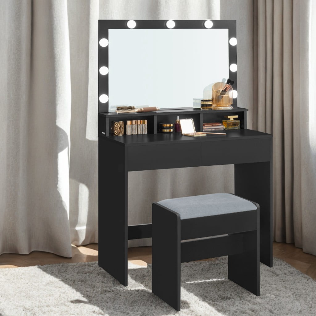 LEDREM Modern Makeup Vanity Desk with 9 Dimmable LED Lights, Storage Drawers & Stool, for Bedroom & Dressing Room, Ink Black