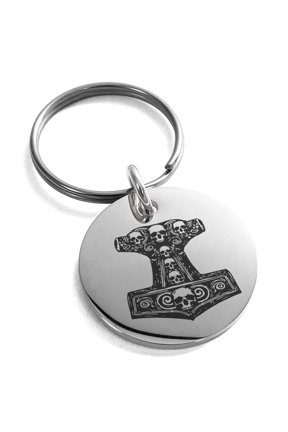 Stainless Steel Mjolnir Thor's Black Skull Hammer Engraved Small Medallion Circle Charm Keychain Keyring