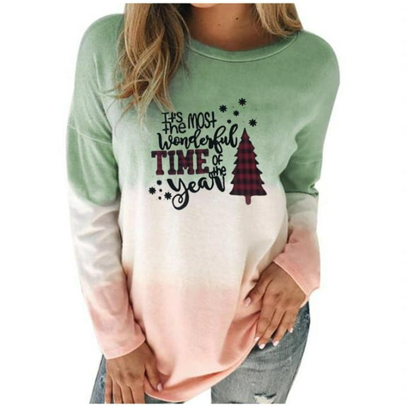 asdoklhq Clearance Plus Size Christmas Clothing, Women's Long Sleeve O-Neck Christmas Printed Ladies Sweatshirt Tops Blouse