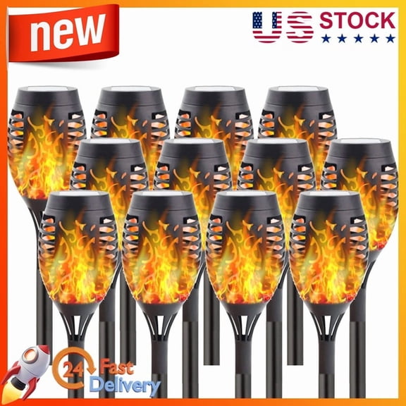 Outdoor Solar Torch Lights Set of 12, Dancing Flame Effect LED, Waterproof Pathway & Garden Lighting