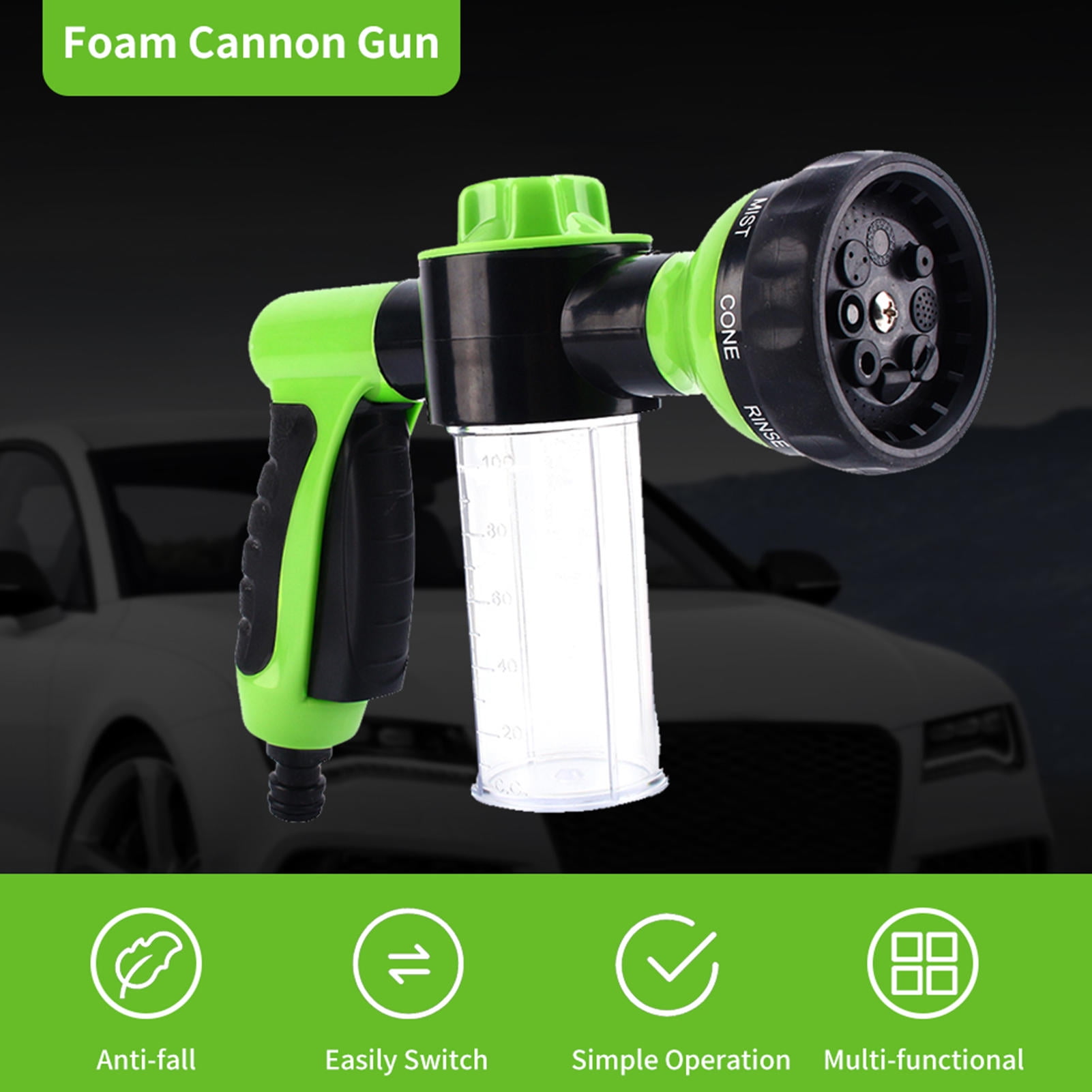 BIMZUC 8‑Pattern Foam Car Wash Sprayer – Dual‑Use Hose Nozzle, Anti‑Freeze & Rust, 4.7”×9.1”×2” for Cars & Home