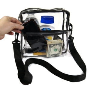 Clear Cross Body Messenger Tote Shoulder Bag w Adjustable Strap, NFL Stadium Approved Vinyl Purse, Black Trim