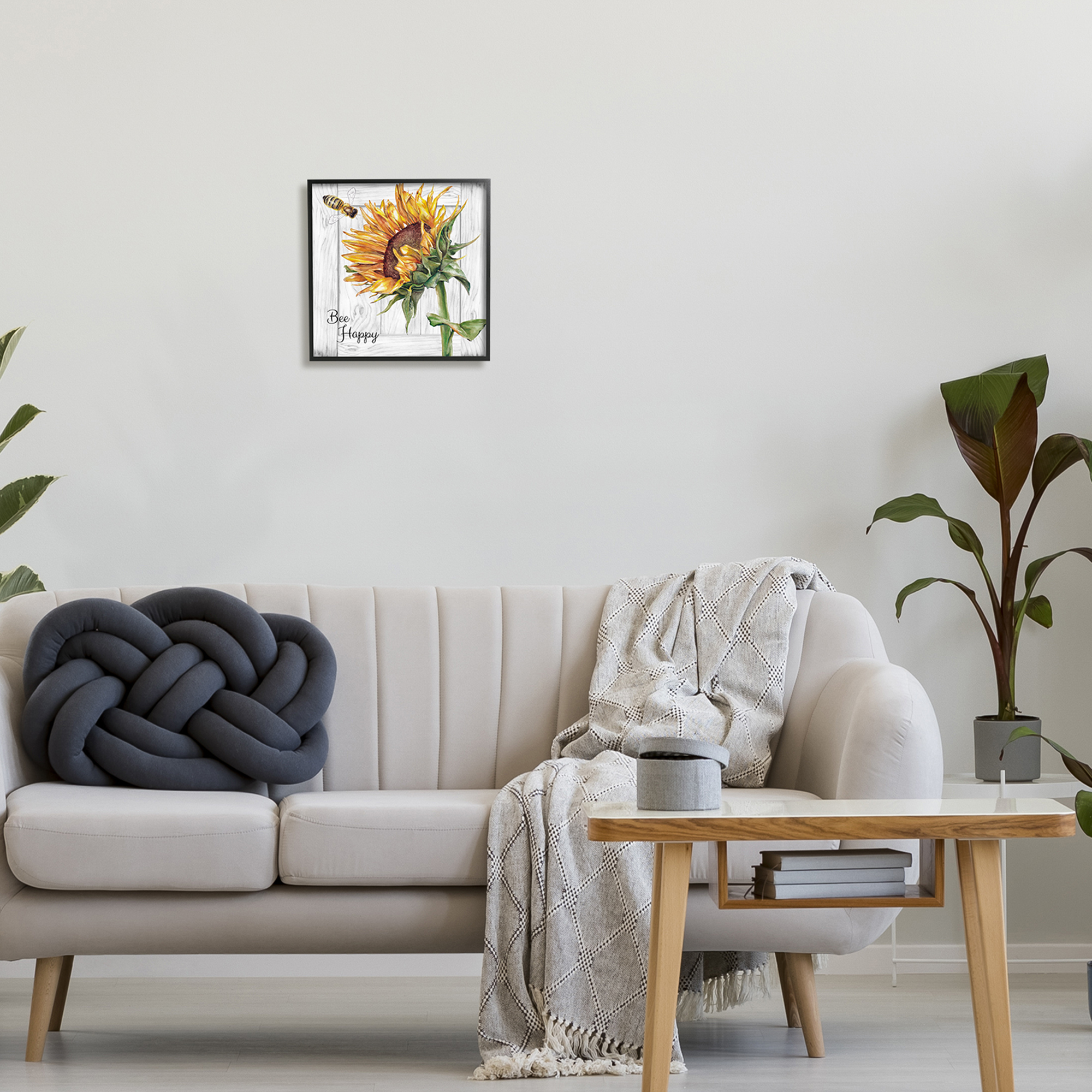 Stupell Industries Bee Happy Rustic Sunflower Botanical & Floral Painting Black Framed Art Print Wall Art, 12 x 12