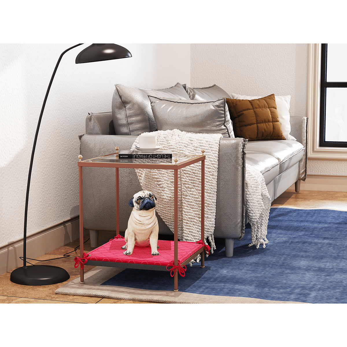 Kadyn Modern Square Coffee Table, Glass Coffee Table for Living Room, Carbon Steel 2-Tier Tea Table & Pet Sharing Table （Provide pet mat）, Rose Gold