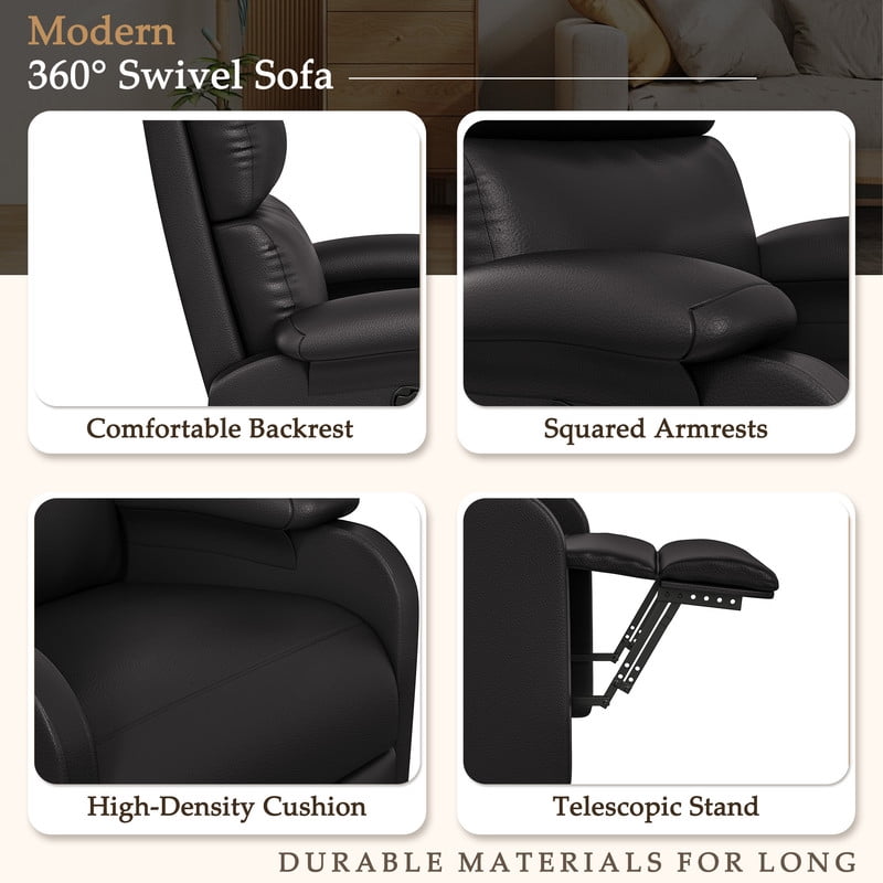 Homall 360° Massage Swivel Rocker Recliner Small Rocking PU Leather Chairs with Side Pockets for Small Spaces,Black