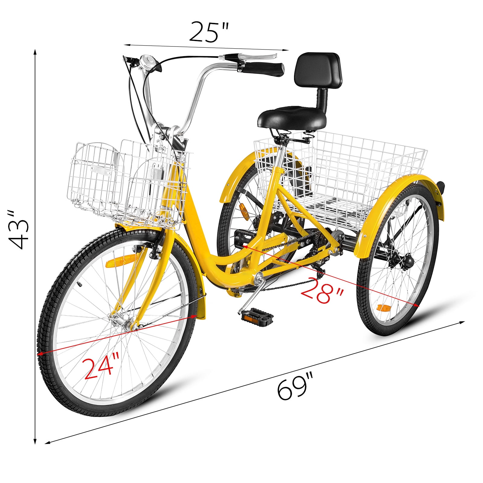 Ridgayard 7 Speed 24 Inch 3 Wheel Adult Tricycle Cruise Cargo Bike with Folding Basket Yellow 