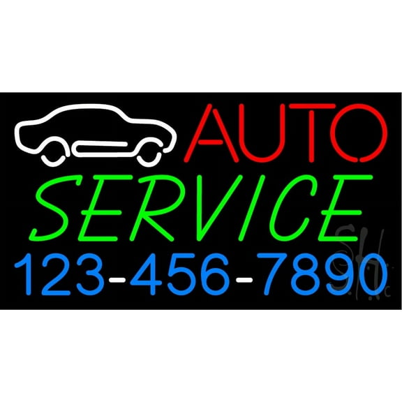 Auto Service with Phone Number LED Neon Sign 13 x 24 - inches, Clear Edge Cut Acrylic Backing, with Dimmer - Bright and Premium built indoor LED Neon Sign for automotive store, and mall.