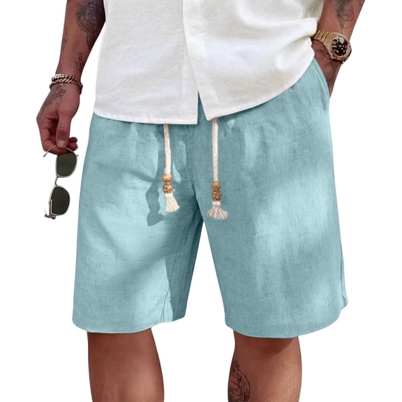 Uwinwear Men's Linen Shorts, Elastic Waist Drawstring Casual Summer Beach Golf Yoga Shorts with Pockets Light Blue XL