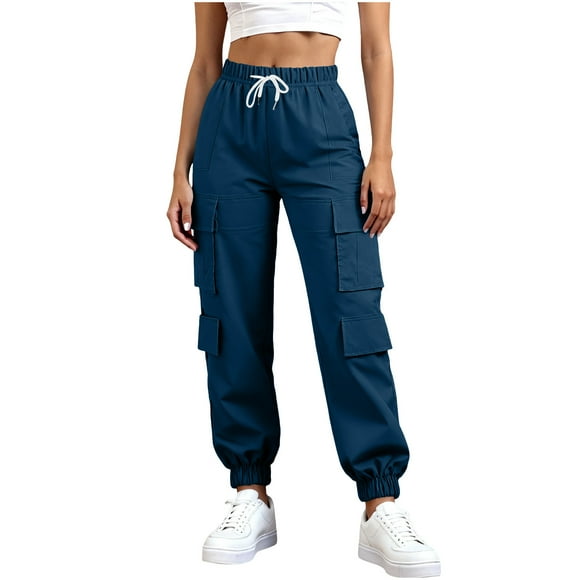 aidice Cargo Pants for Women Elastic Drawstring High Waist Casual Workout Hiking Cinch Bottom Trousers with Pockets
