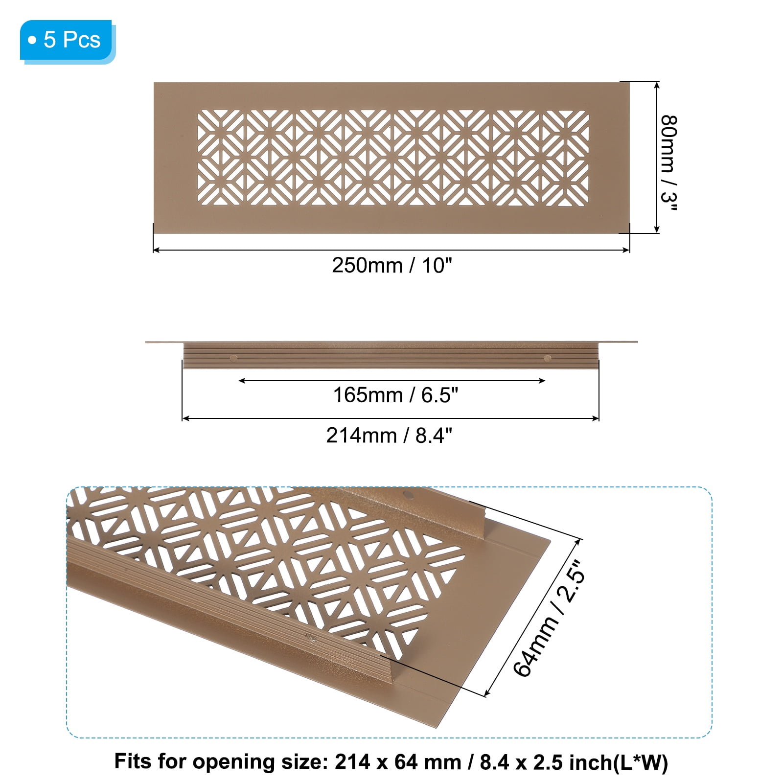 Uxcell 5 Set 10 x 3 Inch Door Air Vent Cover, Heavy Duty Aluminum Grille Ventilation Cover Louvered with Mounting Screws for Cabinet Wardrobe Door, Brown