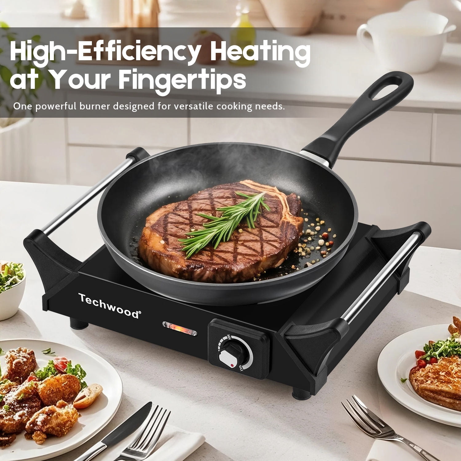 Techwood Portable Electric Cooktop Burner, 1500W, Compact, Non-slip, Stainless, Black
