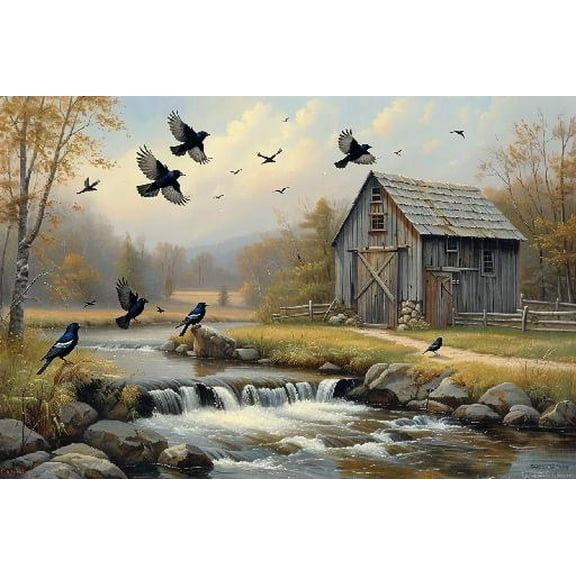 1000 Piece Jigsaw Puzzle Charles Wysocki - Blackbirds Roost at Mill Creek - Fun and challenging Positive Thinking Party Entertainment Perfect Family Puzzles