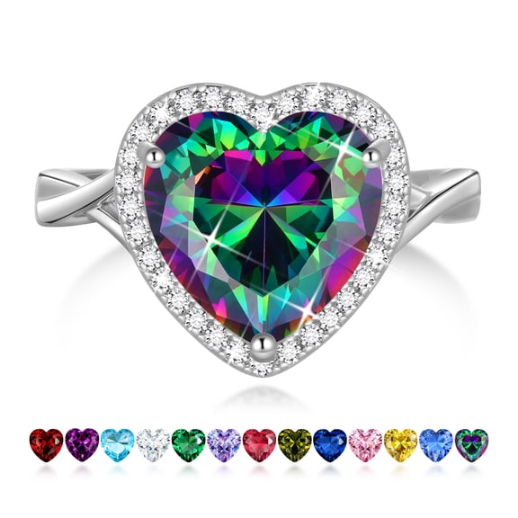 Juwaliy Women Ring 925 Sterling Silver Plated Halo Love Heart Rainbow Mystic Topaz Ring Jewelry Christmas Valentine Mother's Day Gift for Wife/Grandma