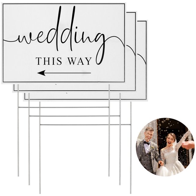 Letreros de Flecha de Dirección de Boda, 3 Letreros de Plástico de Esta Manera con Estacas, Letrero de Carretera Direccional Impreso a Doble Cara, Suministro de Decoración de Patio de Boda para Recepción de Ceremonia