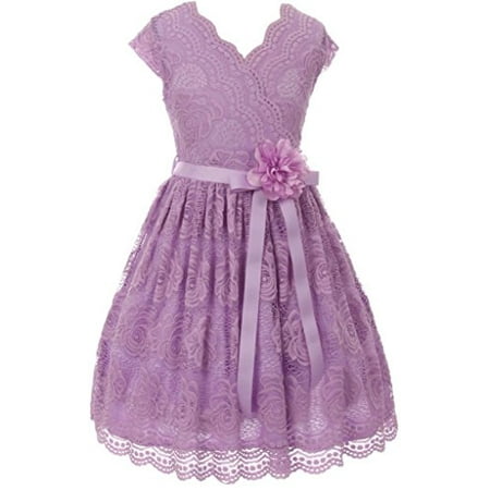Girl Scout Uniform Sash - Little Girls Cap Sleeve Lace Floral Overlay Sash Flowers Flower Girl Dress Lilac 6 (J20KS66)