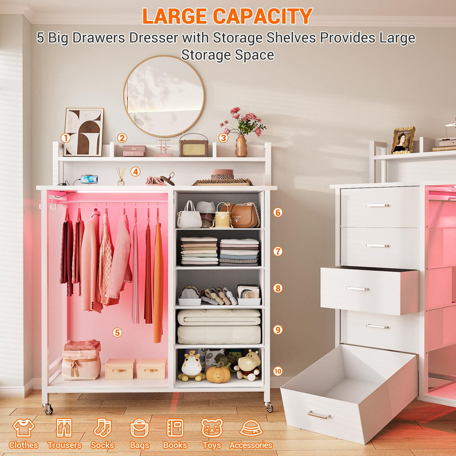 Aheaplus Dresser for Bedroom with Clothes Rack & Shelves, 5 Drawers Dresser with Charging Station & LED Lights, Chest of Drawers with Lockable Wheels, Storage Shelves, Bedroom, Entryway,White