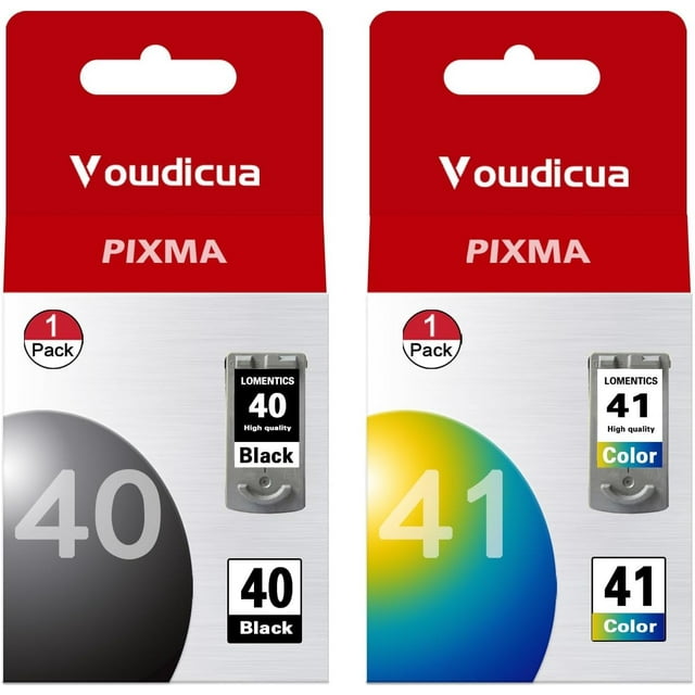 cartuchos de tinta vowdicua pg-40 cl-41 de alta capacidad, paquete de 2 — vista frontal de dos cajas individuales; caja PG-40 muestra '40 Black' con cartucho negro visible y caja CL-41 muestra '41 Color' con cartucho tricolor visible; embalaje rojo y blanco con logo Vowdicua, marca PIXMA y sello '1 Pack'.