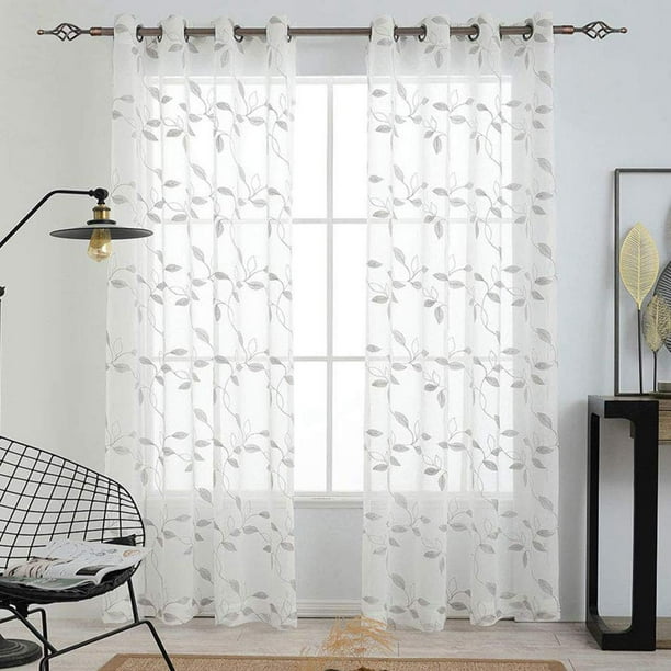 2 Panels Sheer Window Curtains, Leaves Embroidered Window Curtains Faux Linen Textured Solid