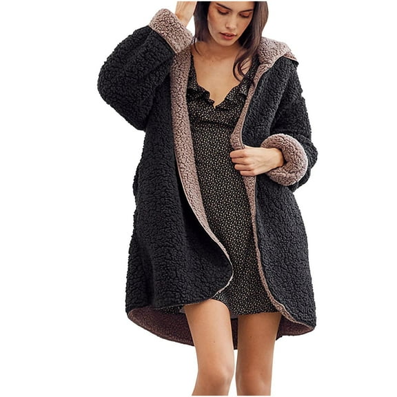 Viikei Women Coats Clearance Women's Solid Color Long Sleeved Plush Coat Hooded Double Sided Heavy Coat Long Sleeved Hooded Casual Coat/jacket
