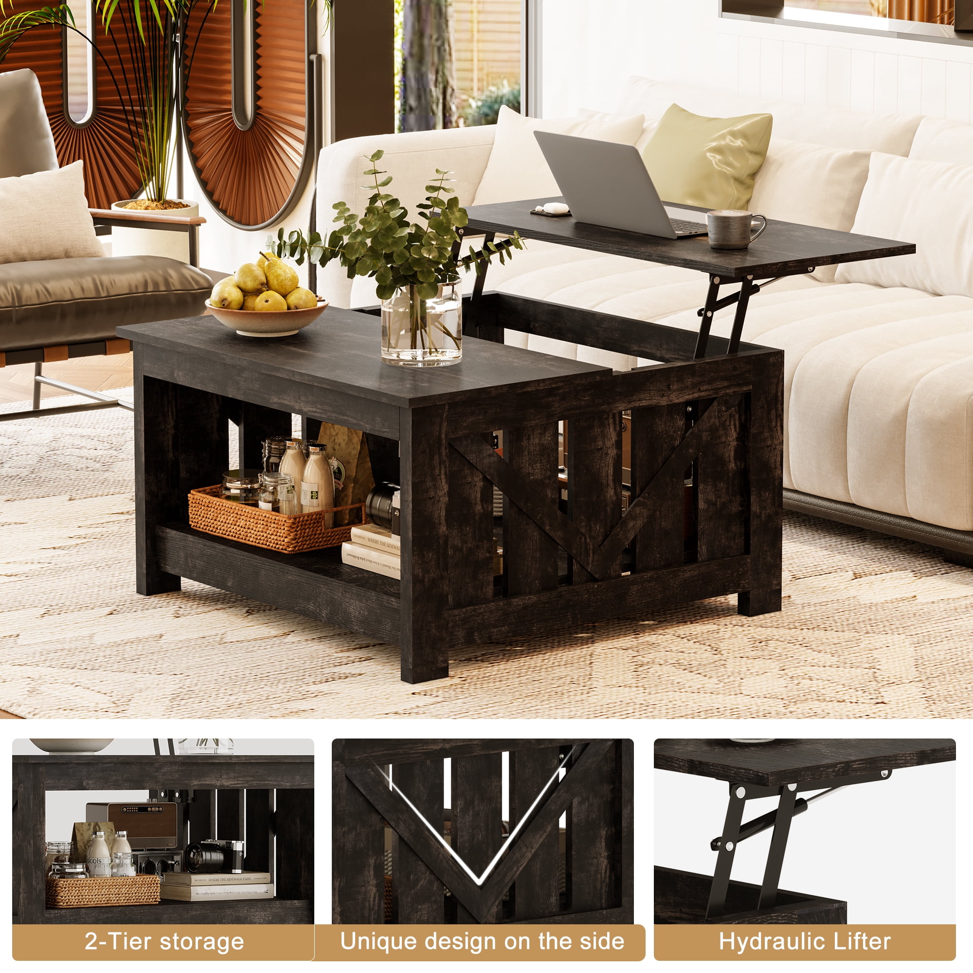 GUNAITO Lift Top Coffee Table with Storage Cabinet and 2 Compartments for Living Room, Black , 31.5''Hx31.5''W in