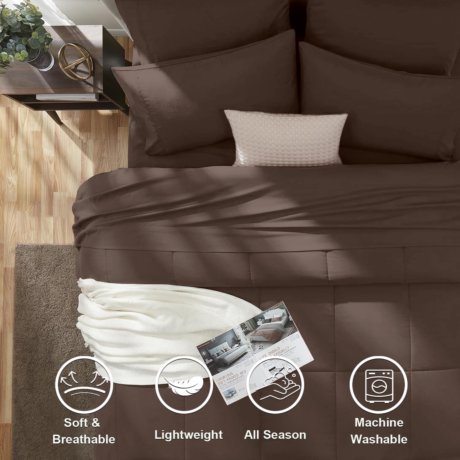 Flymme Charcoal Gray Comforter Sets with Sheets 5 Pieces Bed in a Bag for Modern Bedroom Decor Soft Quilted Warm Gray Bed Sets for Teen Adult